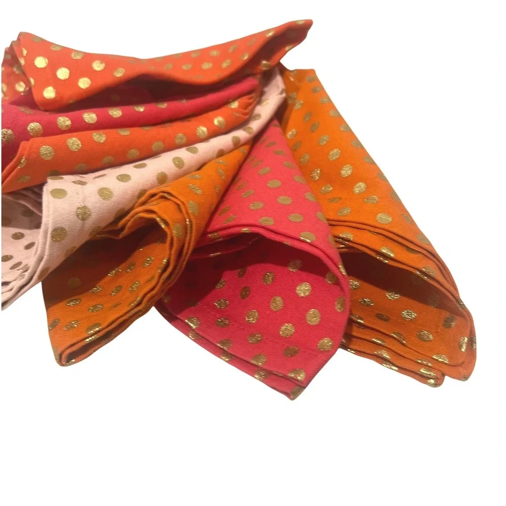 Napkin Set Multicolor Orange Pink Metallic Gold Polka Dot Summer Table Decor 7pc